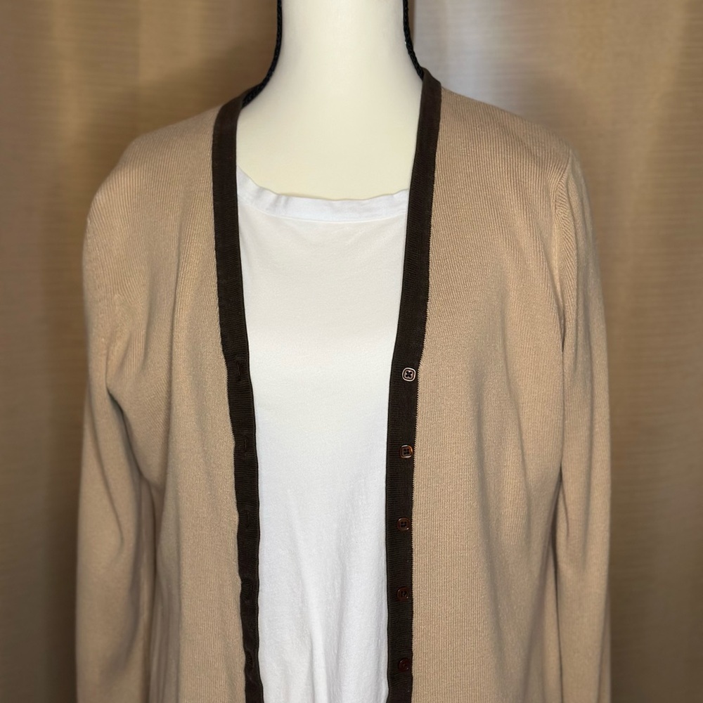 Casual Corner Tan Cardigan with Dark Brown Accents